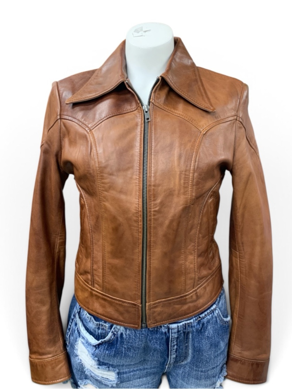 Women’s Cognac Leather Zip-Up Jacket
